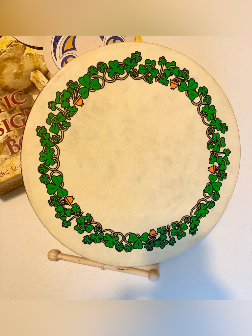 Walton's Celtic Design 12" Bodhran Shamrock Design Irish Drum Boxed Beater New